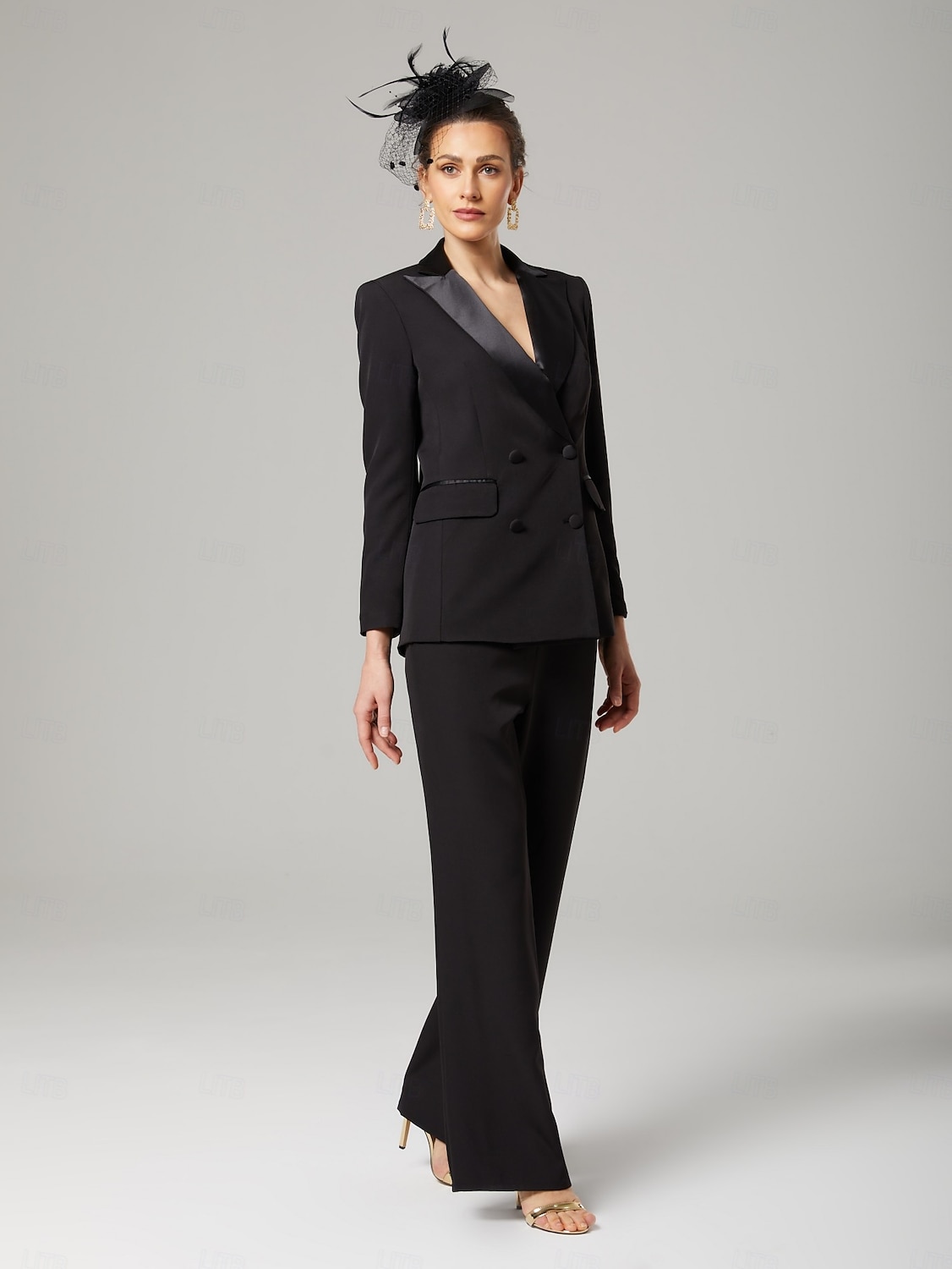 Hosenanzug der Brautmutter Eleganter Hemdkragen knöchellang dehnbare Chiffon lange Ärmel mit Knöpfen einfarbig 2025 2025 - $179.99 –P3