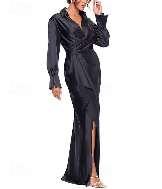 Robe fourreau  colonne robe de mère de la mariée formelle élégante simple col chemise longueur de sol satin d'Italie manches longues avec volants couleur unie de 2025 ? $177.99 –P2