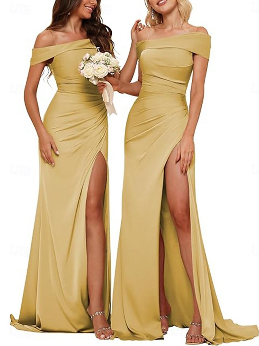 A-Linie Brautjungfernkleid Schulterfrei Ärmellos Elegant Bodenlang Nylon mit Geteilter Vorderteil 2022 2025 - $112.99 –P3