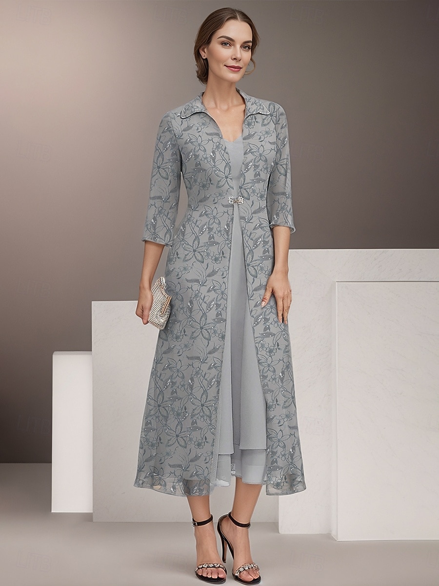 Two Piece Mother of the Bride Dress Elegant Vintage Shirt Collar Tea Length Chiffon 3/4 Length Sleeve Floral Lace Jacket Dresses 2025 2025 - $199.99 –P1