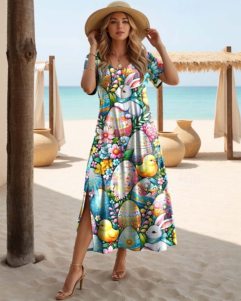 Easter Women's Maxi Dress Casual Dress Sundress Shift Dress Vacation Hawaiian Butterfly Sleeve Vacation Beach Regular Fit Leaf Animal Short Sleeve Crew Neck Blue Summer 2025 - $22.99 –P1