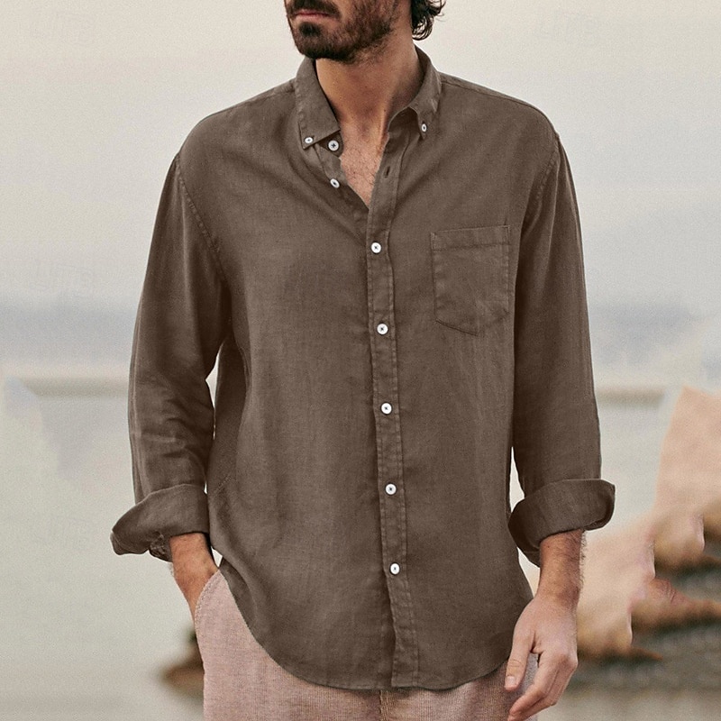Per uomo Camicia Maglietta informale Camicia con bottoni Camicia di cotone Liscio Da mare Strada Nero Marrone Verde Grigio Manica lunga Bavero Primavera Abbigliamento Tasche del 2025 a $21.99 –P1