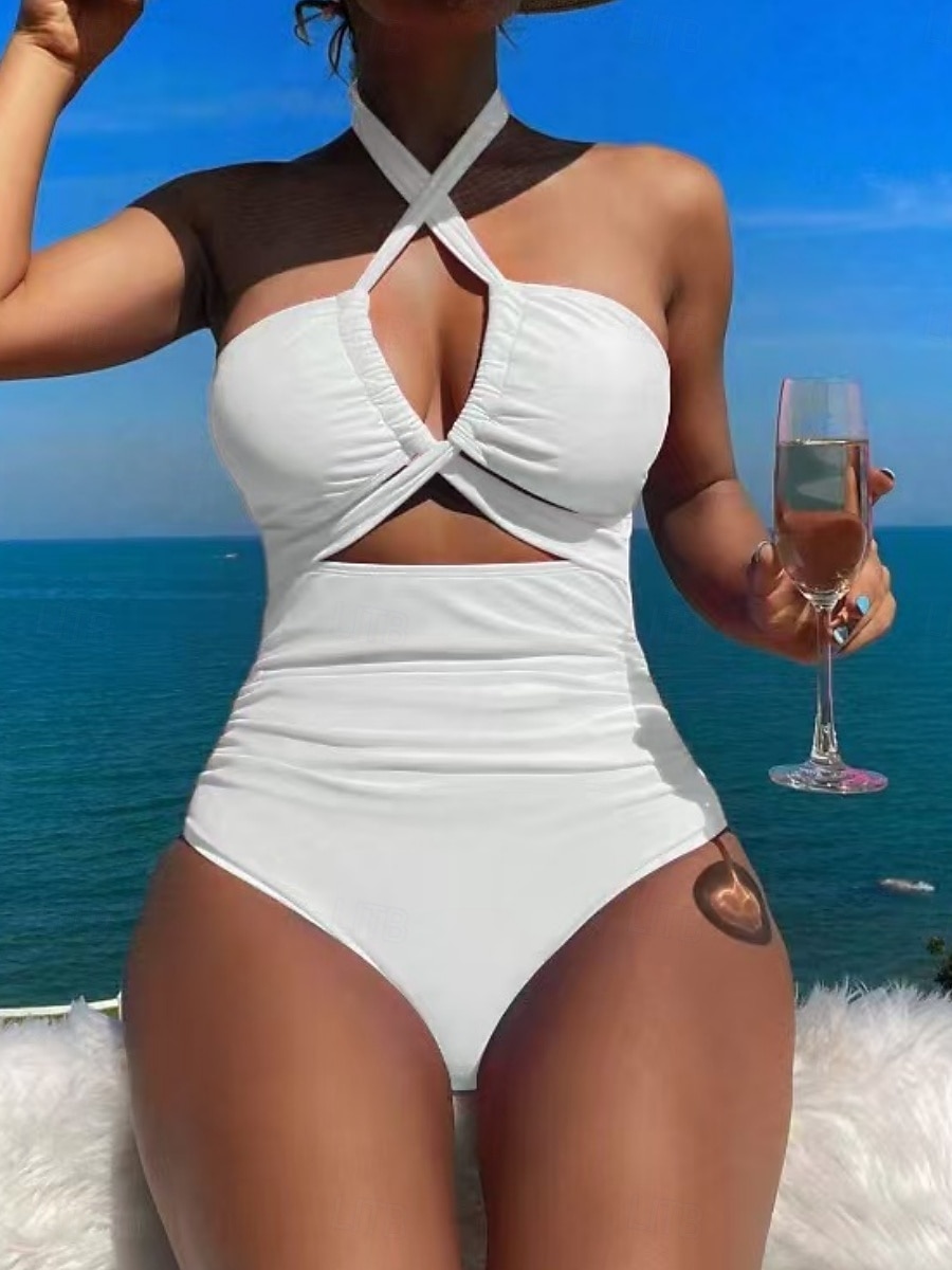 Kvinnors baddräkter en del monokini baddräkter rygglös mage kontroll hög midja smal semester strandkläder enfärgad halterneck ärmlös baddräkt 2025 - $19.99 –P9
