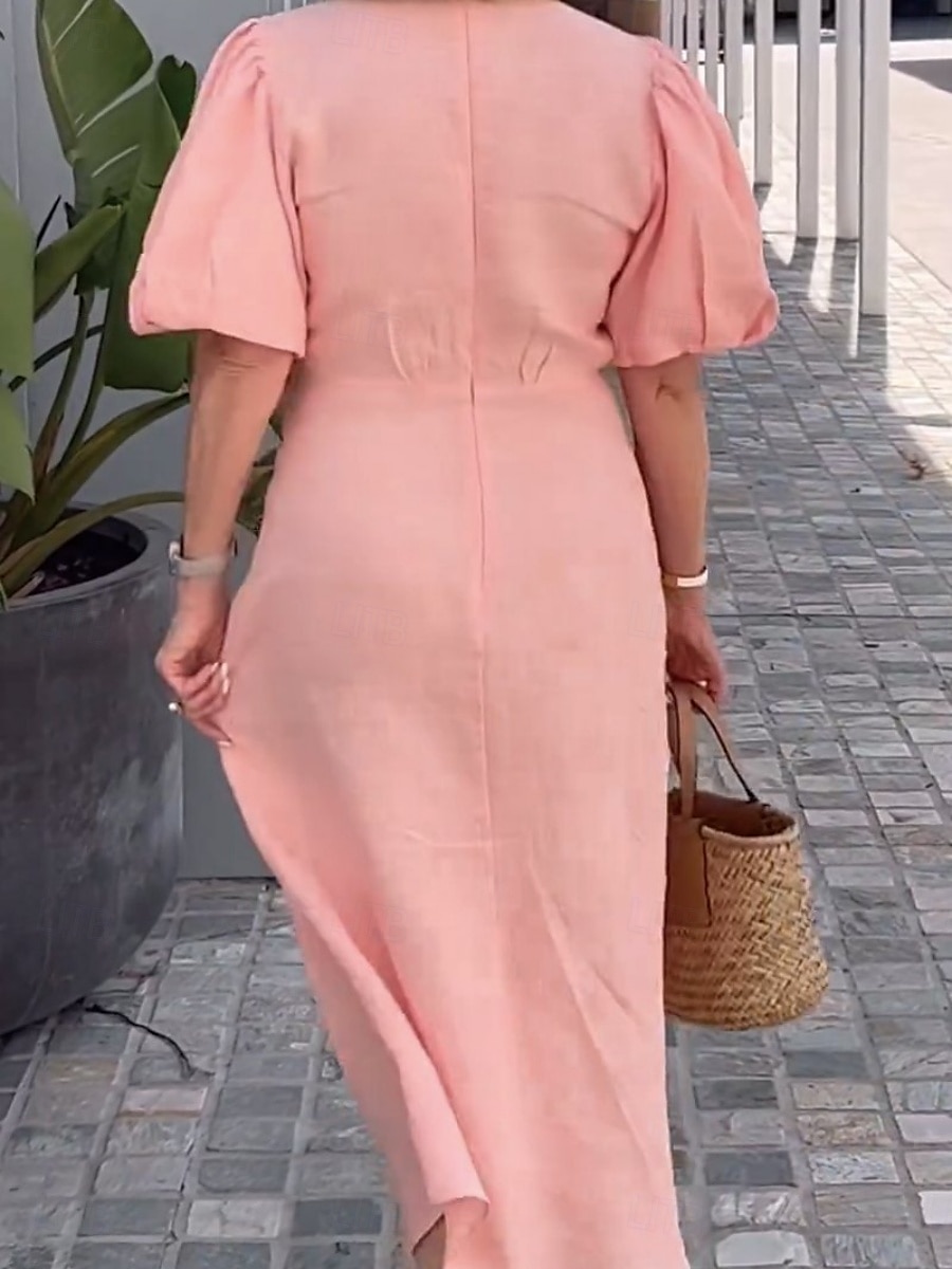 Women's Maxi Dress A Line Dress Solid Color Summer Dress Puff Sleeve Dress Basic Casual Puff Sleeve Vacation Daily Regular Fit Graphic Short Sleeve V Neck Black White Yellow Pink Summer 2025 - $26.99 –P2