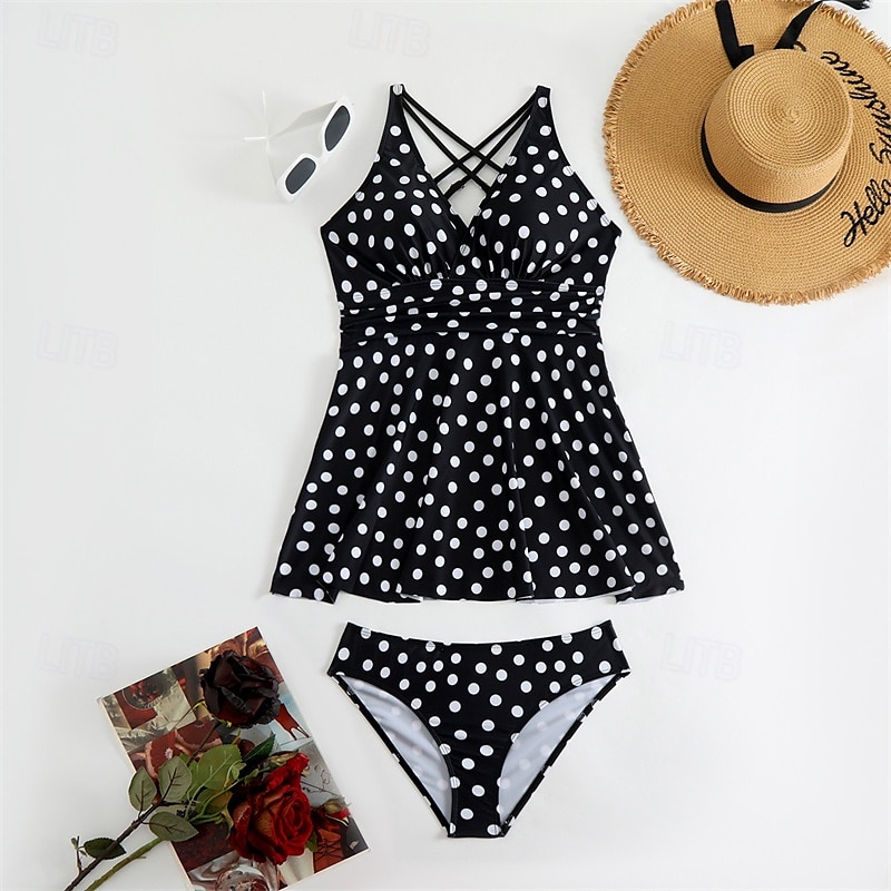 Dam Tankini Tvådelad baddräkt Korsvis Badkläder Fläck Badkläder Svart Blå Andningsfunktion Snabb tork Lättvikt Ärmlös - Simmning Surfing Strand Sommar Vår Plusstorlekar 2025 - $26.99 –P6