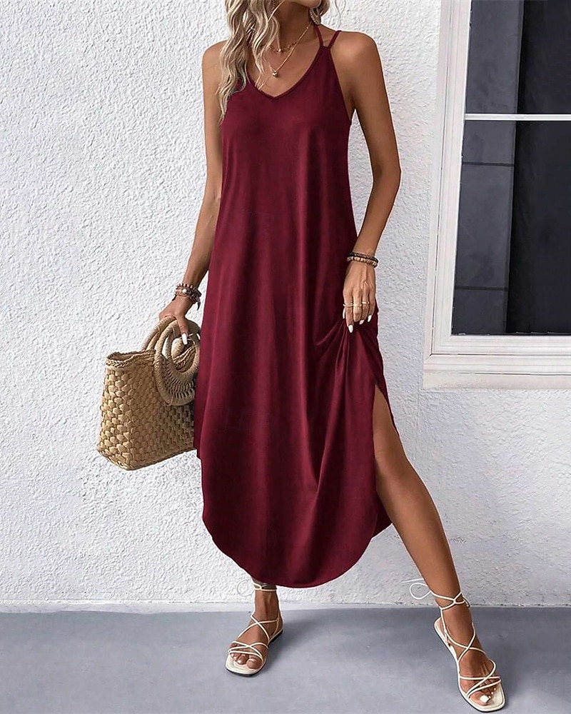 Mujer Vestido Midi Vestido negro Vestido Cóctel Vestido formal Elegante Básico Sensual Diario Vacaciones Ajuste regular Plano Sin Mangas Escote en Pico Negro Vino Verde Ejército Verano 2026 - $23.99 –P9