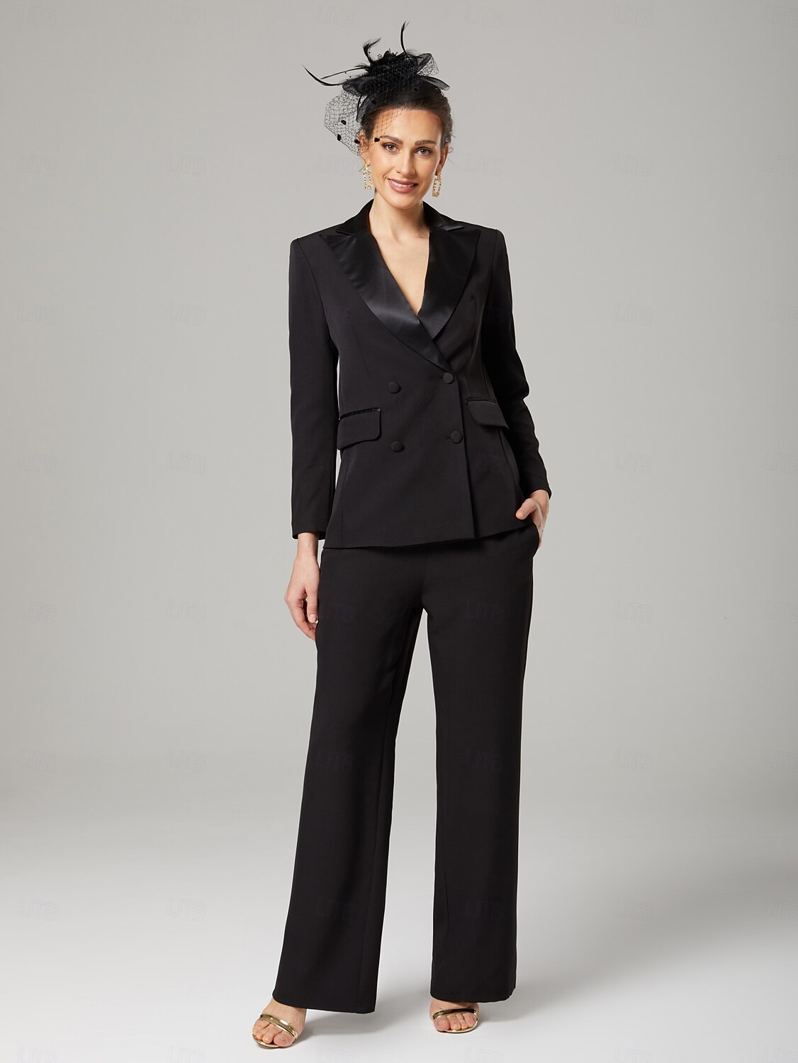 Hosenanzug der Brautmutter Eleganter Hemdkragen knöchellang dehnbare Chiffon lange Ärmel mit Knöpfen einfarbig 2025 2025 - $179.99 –P1