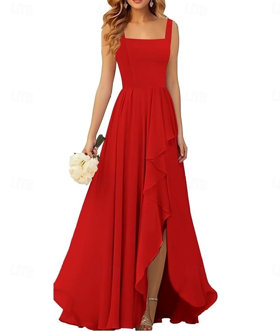 Linha A Vestido de Madrinha Correias / Decote Quadrado Sem Manga Elegante Longo Chiffon / Elastano com Pregas / Fru-Fru / Pregueado 2022 de 2025 por $162.99 –P6