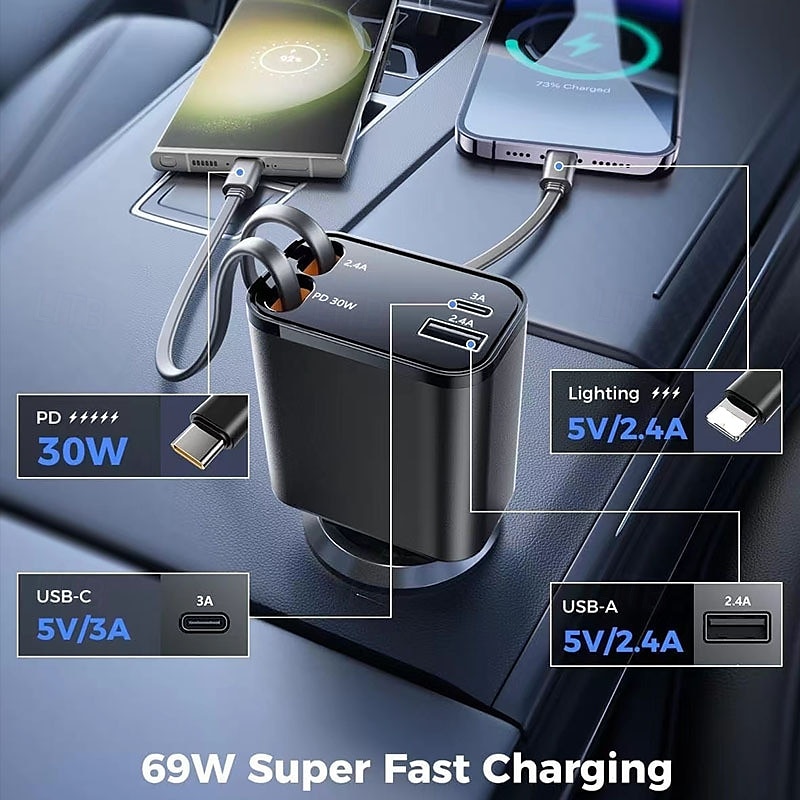 intrekbare autolader 120w supersnel opladen metalen sigarettenaansteker 4 in 1 auto opladen 2025 - $31.99 –P5