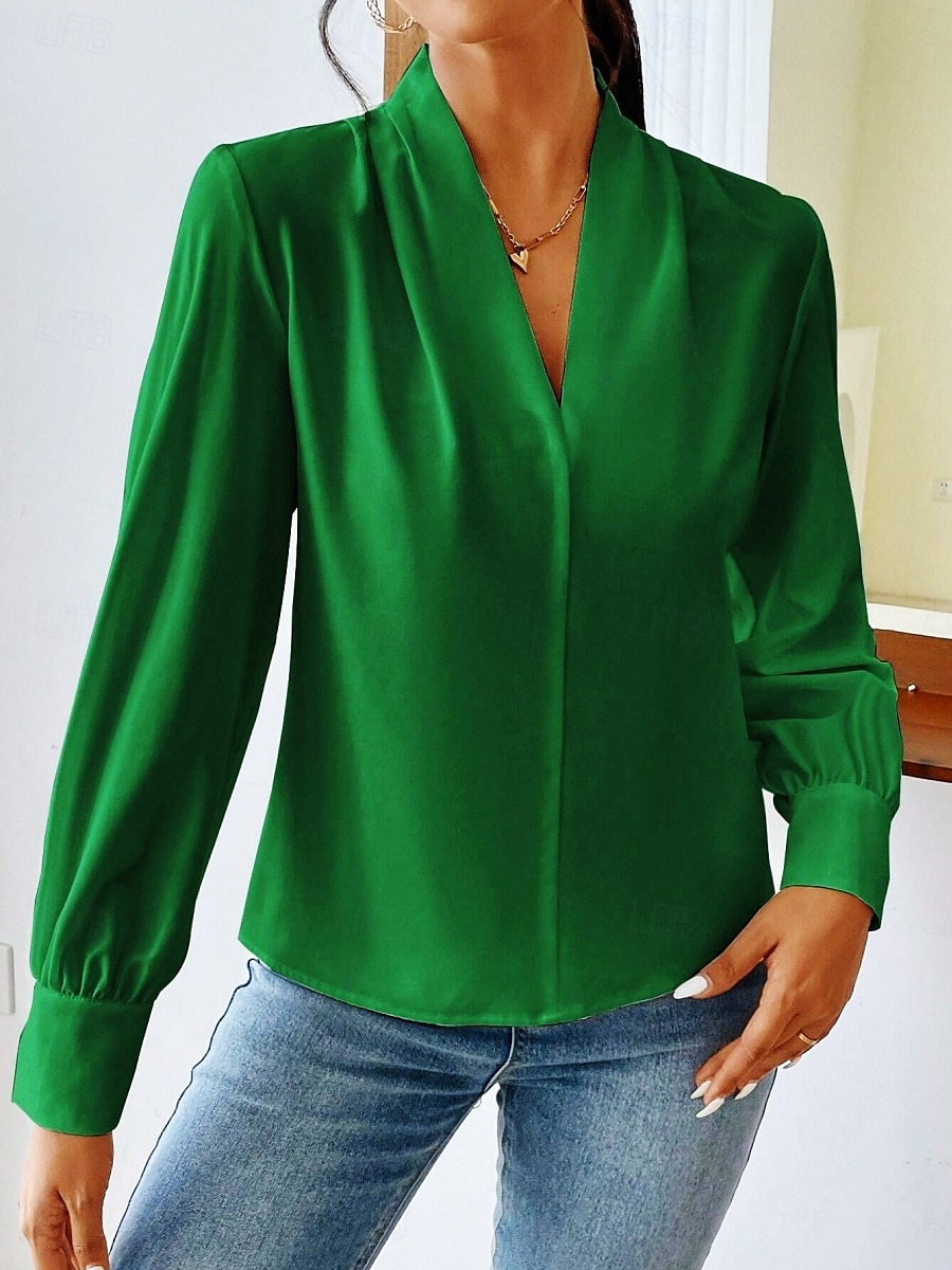 Dame Skjorte Bluse Helfarge Stilfull Fritid Langermet V-hals Vanlige topper Daglig Knapper Lomme Svart Hvit Gul Blå Grønn Sommer Vår 2025 - $31.99 –P15