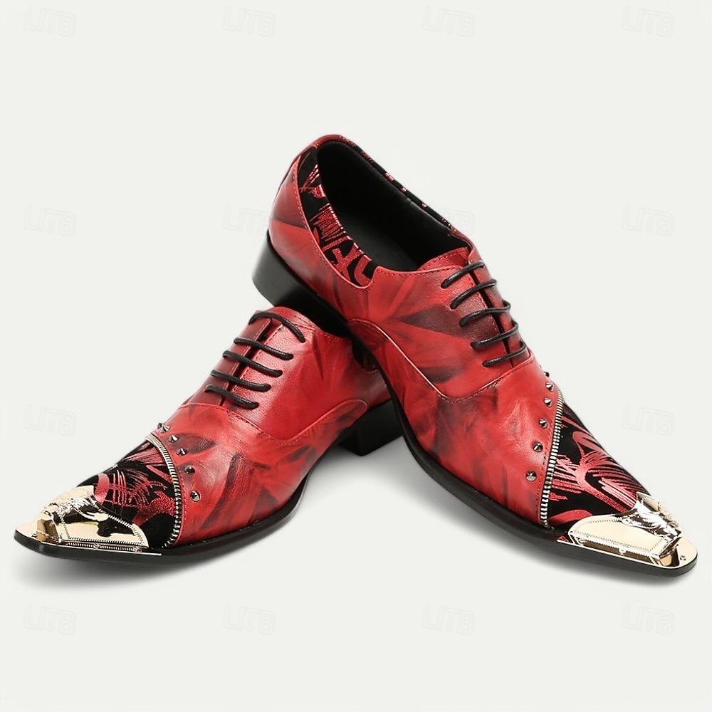 Zapatos de vestir de cuero rojo de primera calidad para hombre con estampado artístico y detalle de tachuelas: calzado formal elegante para ocasiones especiales 2025 - $109.99 -P6