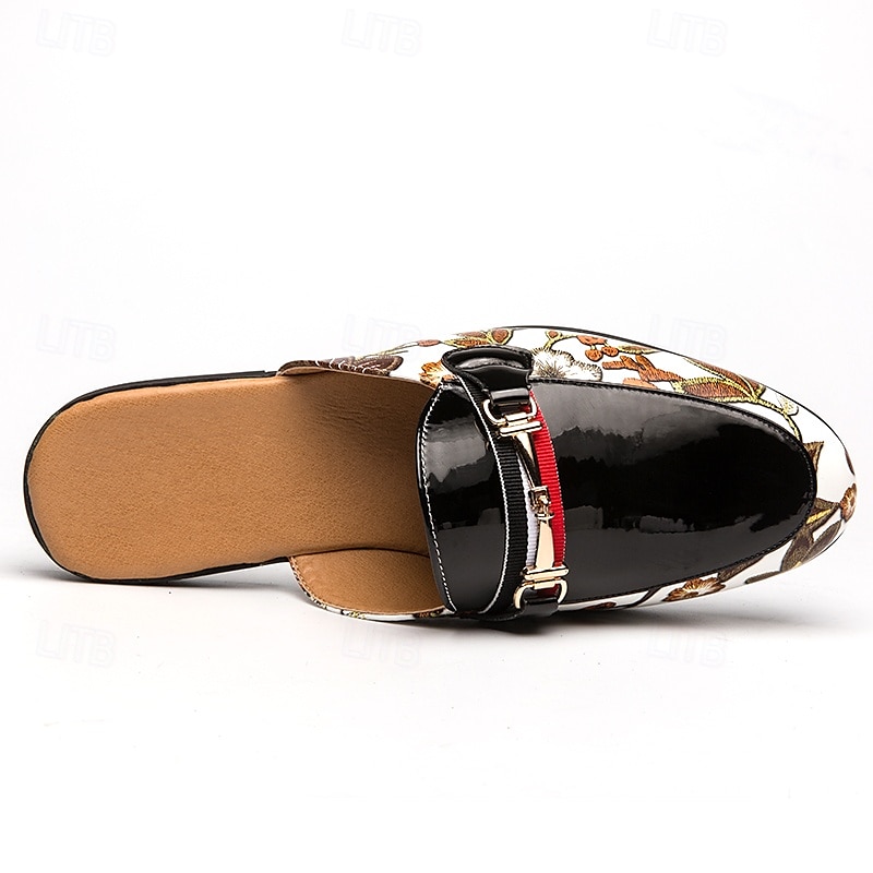 Men's Slip-On Mules with Glossy Black Patent Leather and Floral Print Design, Adjustable Strap, Perfect for Casual and Fashionable Occasions 2025 - $42.99 –P4