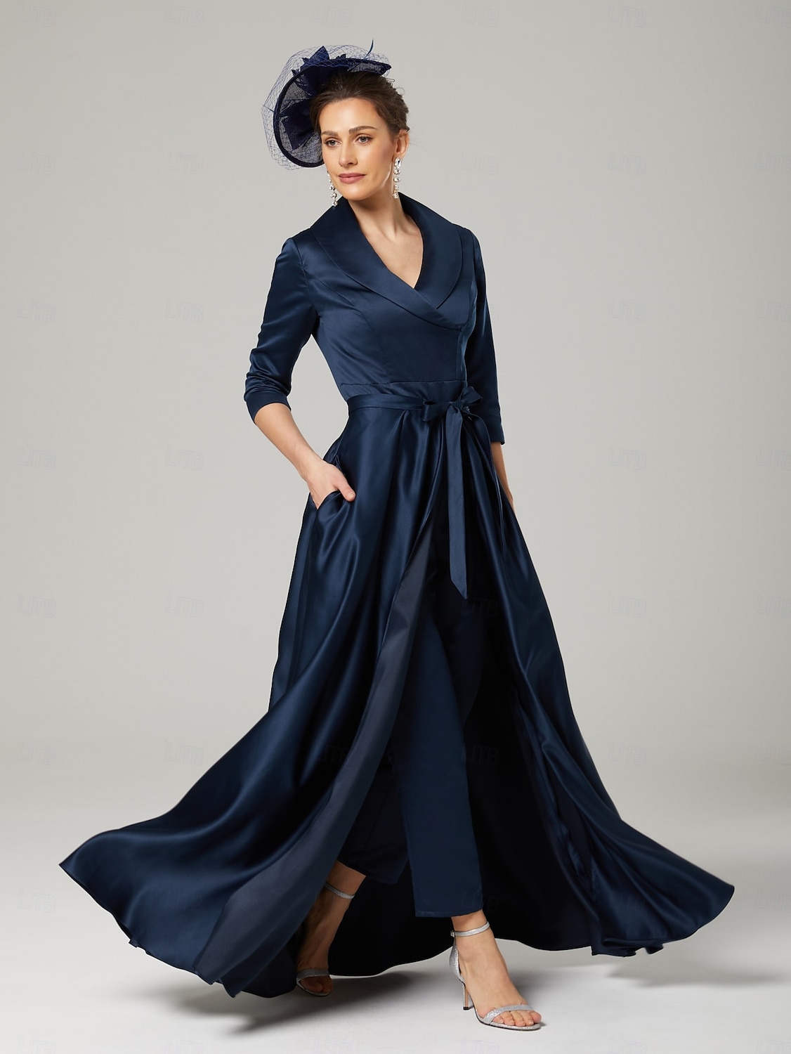 Jumpsuit / Pantsuit Mother of the Bride  Elegant Party Simple Shirt Collar Ankle Length Satin 3/4 Length Sleeve with Bow(s) 2025 - $164.99 –P3