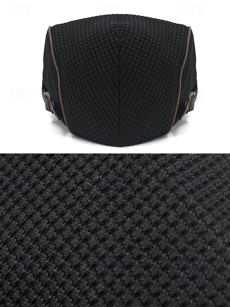 Stylische schwarze Newsboy-Kappe für Herren mit Lederbesatz, atmungsaktivem Stoff, verstellbare Passform – lässiger Vintage-Flachhut für den Alltag und Outdoor-Aktivitäten 2025 - $19.99 –P4