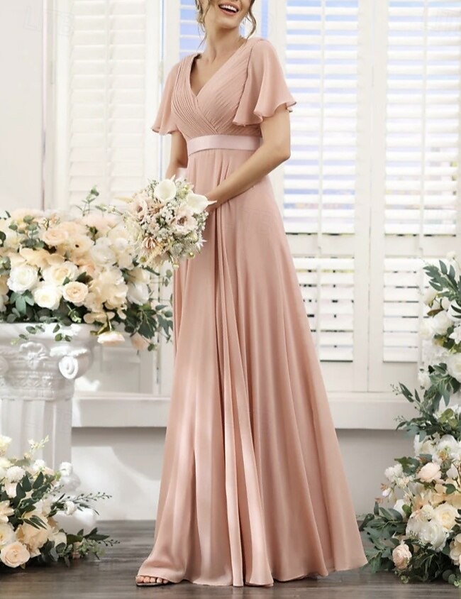 Linha A Vestido de Madrinha Decote V Manga Curta Elegante Longo Chiffon com Franzido 2022 de 2025 por $167.99 –P3