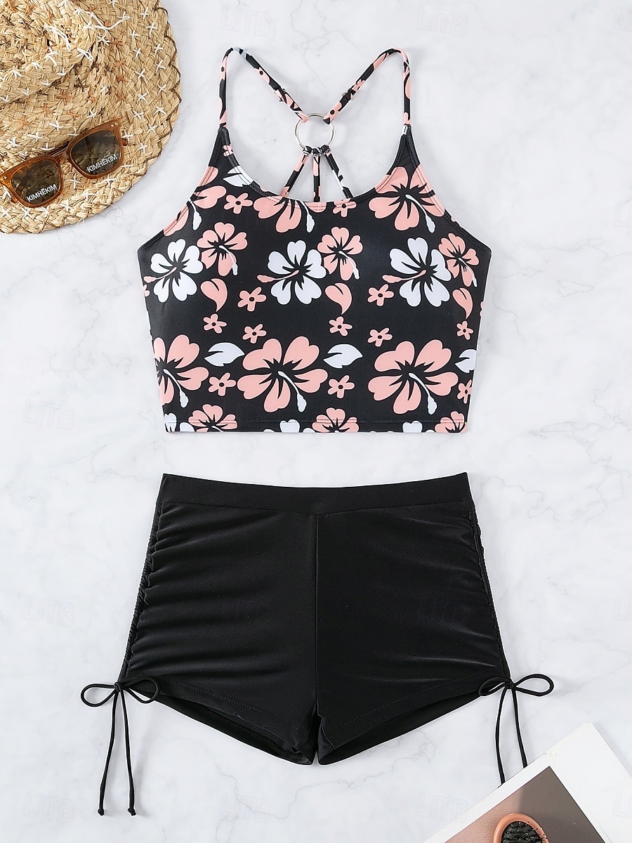 Maillots de bain femme bikini 2 pièces maillot de bain short dos nu slim vacances plage mode floral encolure en U sans manches de 2025 ? $23.99 –P15