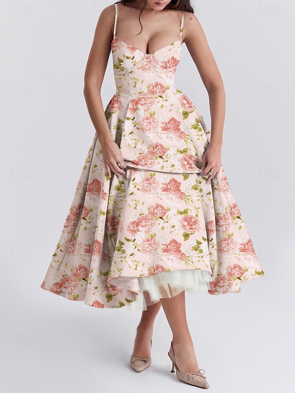 Retro Vintage 1950s Midi Dress Flare Dress Spaghetti Strap Corset Floral A-Line Women's Masquerade Wedding Vacation Tea Party Adults' Dress 2025 - GBP £21 –P18