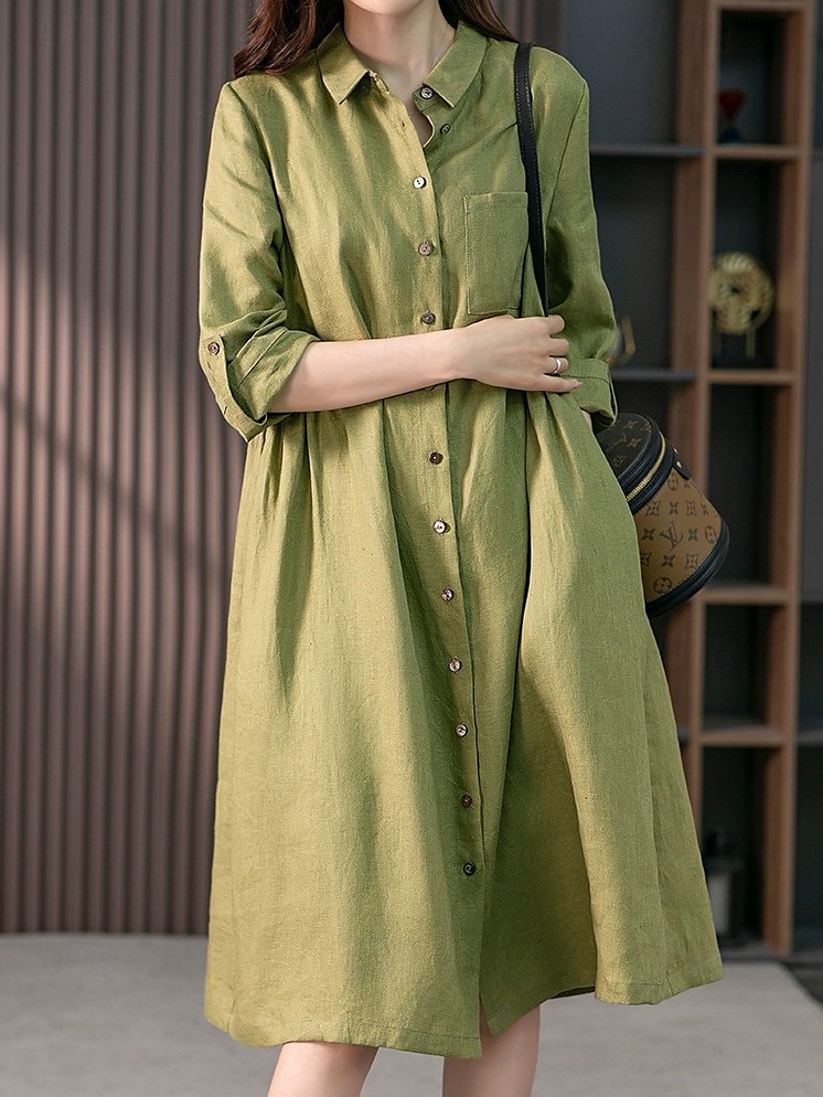 Per donna Vestito longuette Abito casual Abito in cotone e lino Abito linea A Essenziale Informale Da mare Giornaliero Standard Liscio Manica a 3/4 Colletto Rosa Verde Estate Primavera Autunno del 2025 a $35.99 –P5