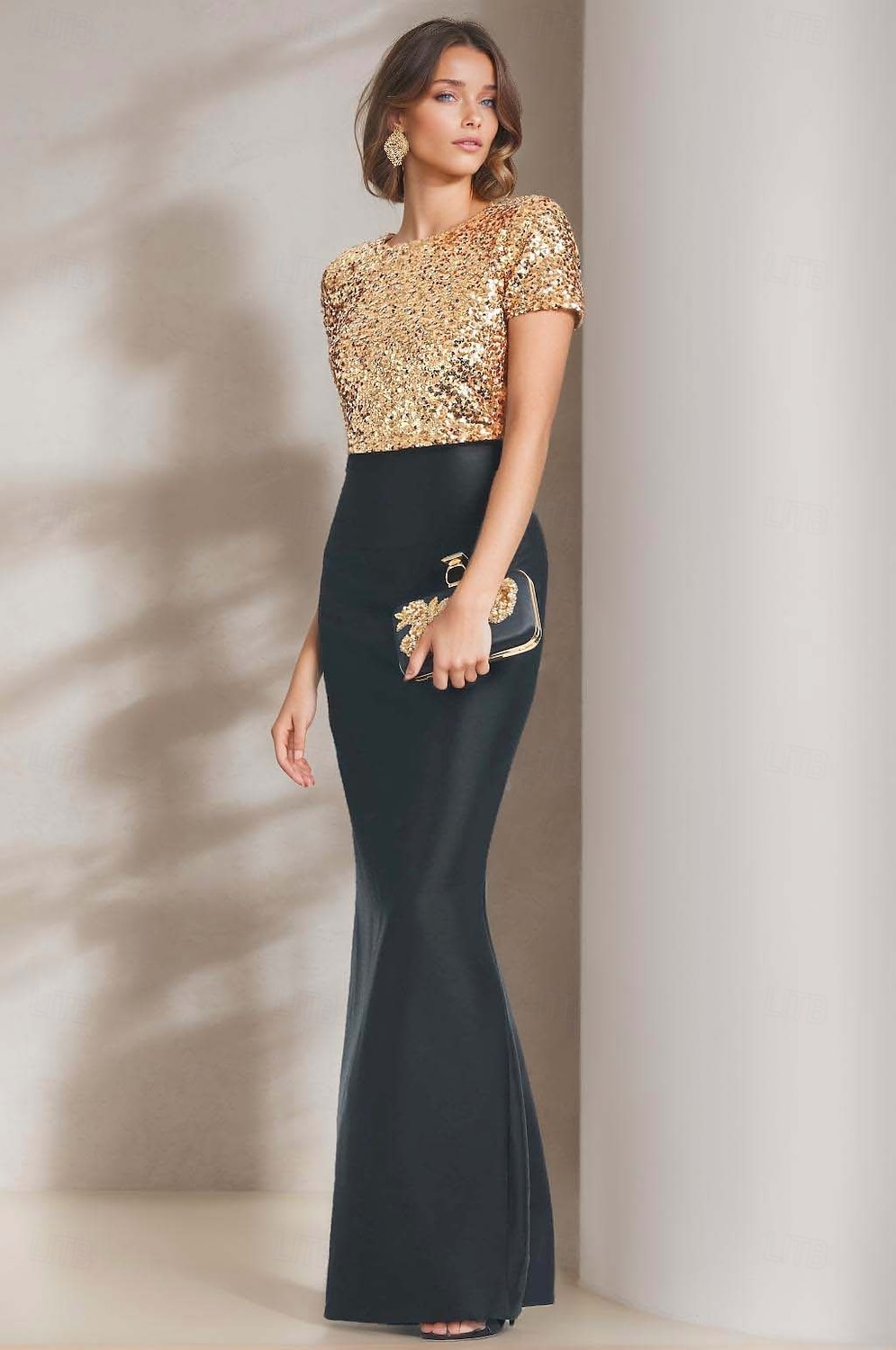 Robe de Soirée Sirène  Trompette Élégante Robe Formelle Fête de Soirée Longueur de Sol Manches Courtes Col Rond Satin avec Paillettes de 2025 ? $144.99 –P1