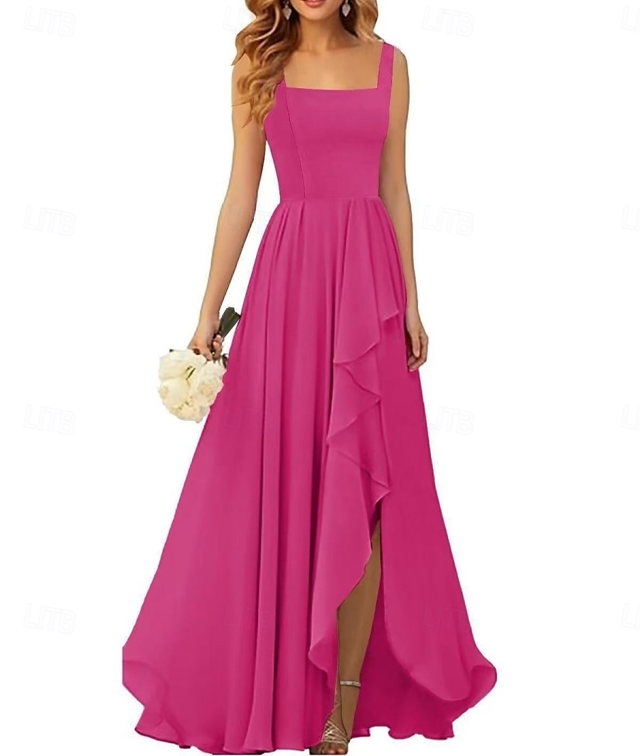 Linha A Vestido de Madrinha Correias / Decote Quadrado Sem Manga Elegante Longo Chiffon / Elastano com Pregas / Fru-Fru / Pregueado 2022 de 2025 por $162.99 –P7