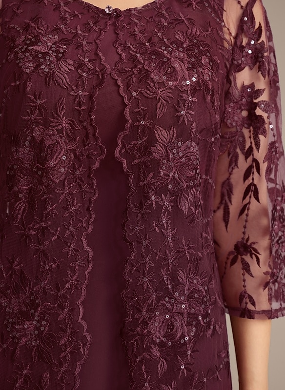 Conjunto de Vestido de Mãe da Noiva Elegante Vintage Simples Gola Redonda Comprimento Chá Chiffon Manga 3/4 Com Bordas em Cascata com Aplique de Renda Floral com Lantejoulas 2025 de 2025 por $191.99 –P3
