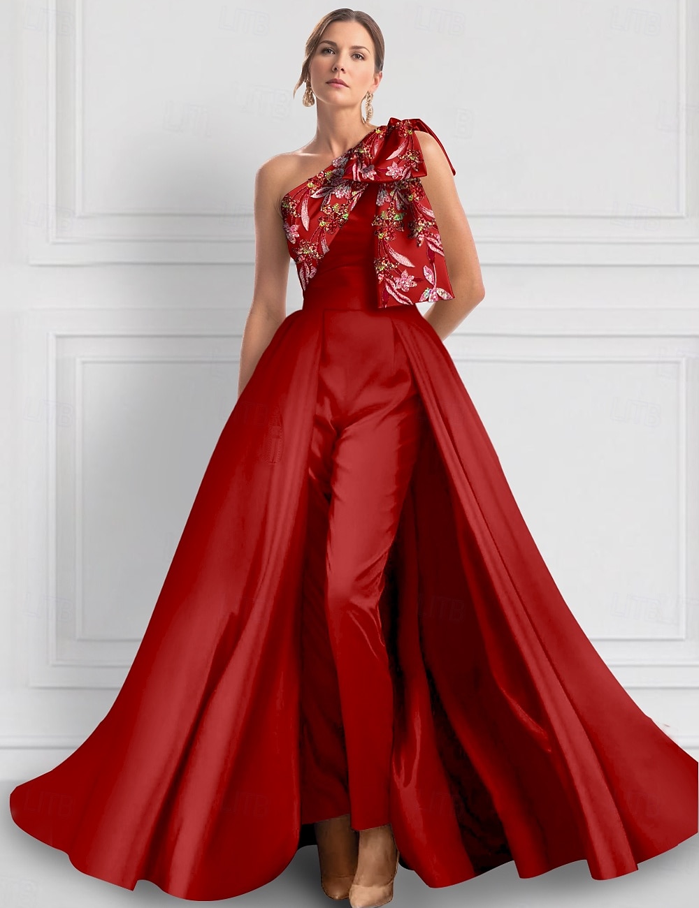 Gröna byxdresser aftonklänning Elegant klänning Formell bröllop längd ärmlös En axel satin med rosett/rosetter slits broderi 2025 - $174.99 –P3