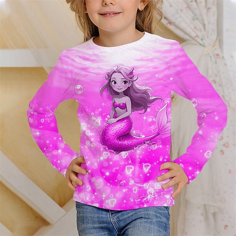 Flickor 3D Grafisk Sjöjungfru T-shirt Långärmad Vår Höst Mode Grundläggande Barn 4-12 år Rund hals Utomhus Ledigt Dagligen Normal 2025 - $13.99 –P2