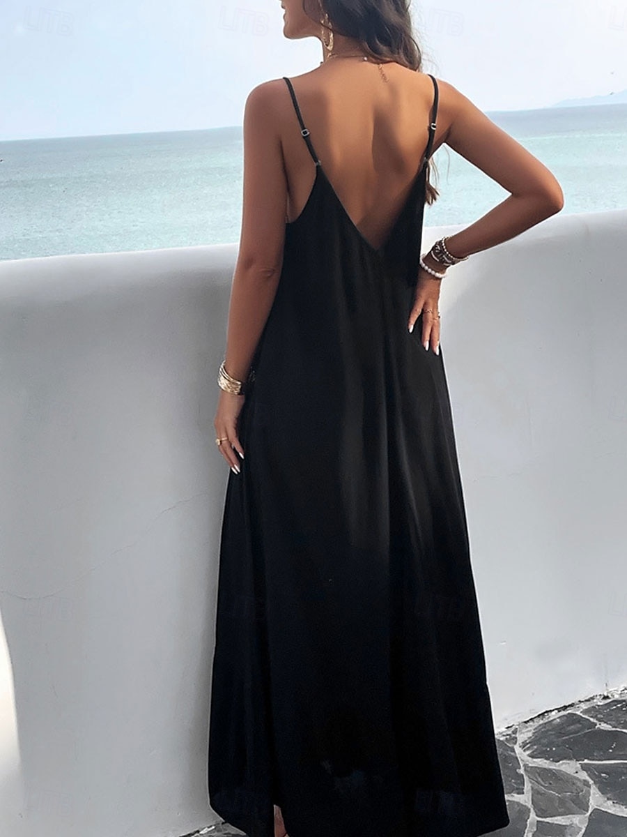 Damen Maxi Kleid Strandkleid Slip Kleid Urlaub Strandurlaub Unifarben Lässig Täglich Lockere Passform Grafik Ärmellos Träger Schwarz Rot Himmelblau Grün Sommer 2025 - $41.99 –P12