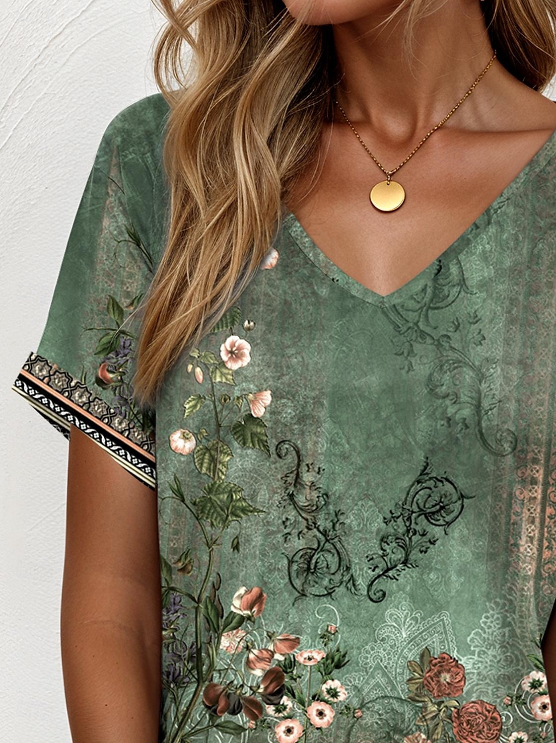 St. Patrick Women's T Shirt Ombre Floral Graphic Elegant Vintage Casual Short Sleeve V Neck Regular Tops Daily Weekend Vacation Wear Print Sage Green Summer 2025 - $19.99 –P3