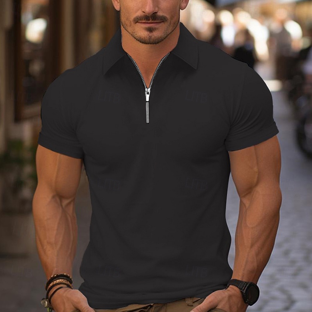 Men's Quarter Zip Polo Golf Shirt Daily Holiday Turndown Short Sleeve Fashion Basic Plain Spring & Summer Regular Fit Light Blue Black White Pink Wine Navy Blue Quarter Zip Polo 2025 - $12.99 –P17