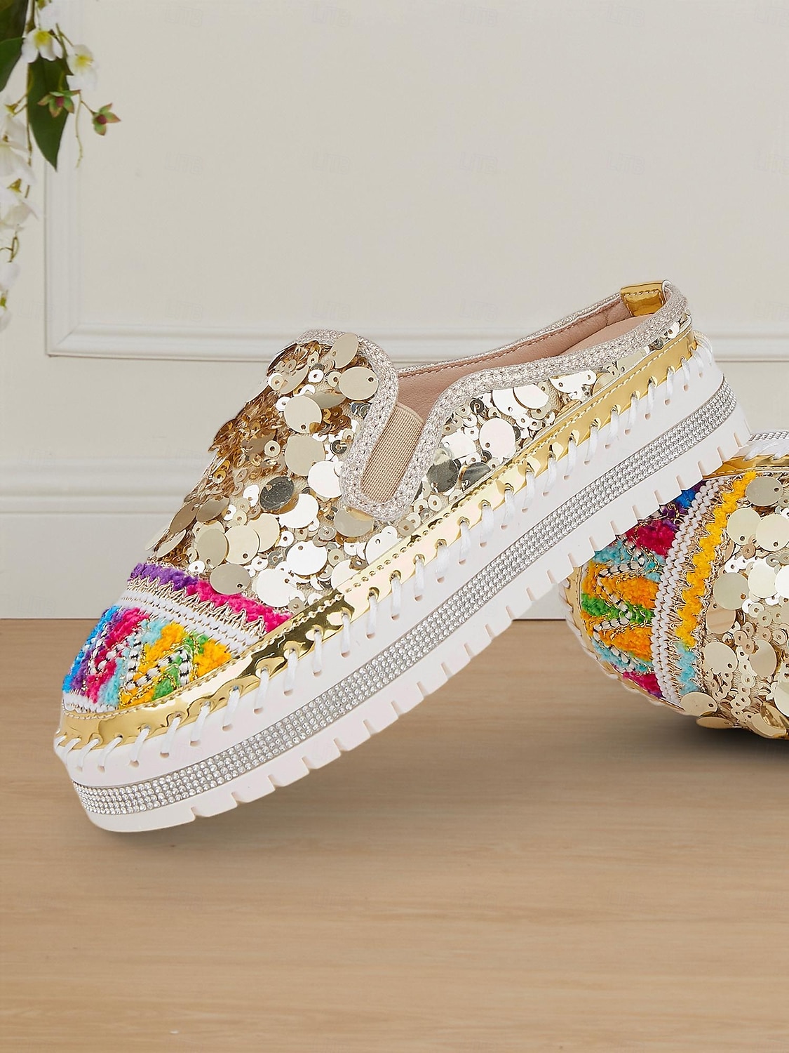 dámské zlaté flitrové tenisky na platformě mules – třpytivé slip-on boty s vyšívanými detaily pro festivaly, párty a street fashion 2025 - $34.99 –P3