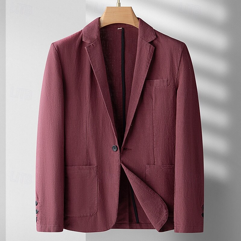 Herr Linne blazer Kavaj Företag Cocktailfest Bröllopsfest Mode Ledigt Vår Höst Ramie Ensfärgat Ficka Knappar Bekväm Enkelknäppt Blazer Svart Vinröd Marinblå Armégrön 2025 - $58.99 –P5