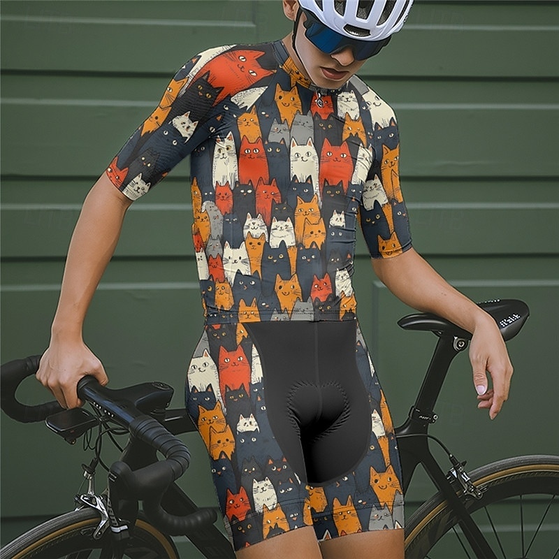 Men's Cycling Jersey with Shorts Short Sleeve Mountain Bike MTB Road Bike Cycling Summer Spring Autumn / Fall Navy Blue Royal Blue Blue Cat Bike Front Zipper Sweat wicking Comfortable Breathable 2026 - $47.99 –P9