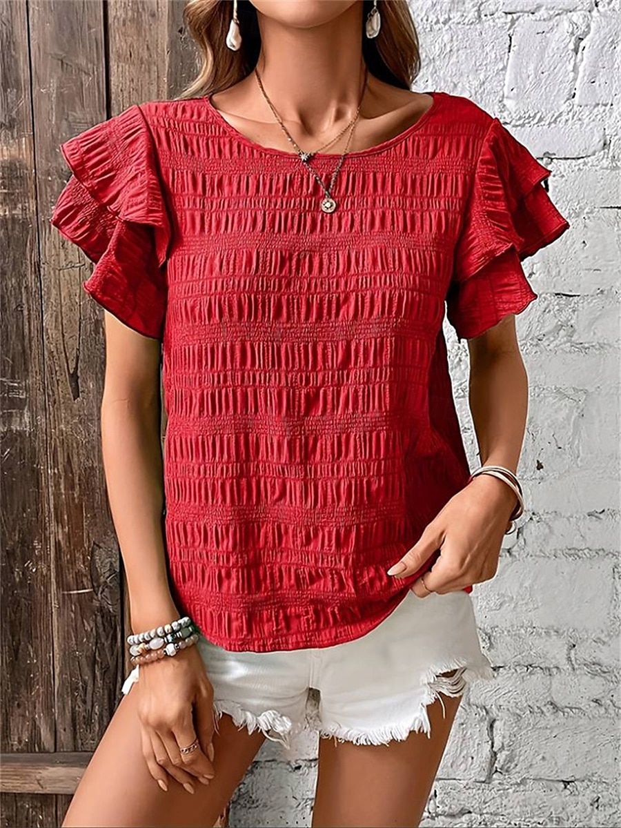 Women's Blouse Solid Color Elegant Daily Stylish Short Sleeve Crew Neck Regular Tops Daily Holiday Going out Ruffle Patchwork Sage Green Red Navy Blue Purple Green Summer Spring 2025 - $22.99 –P8