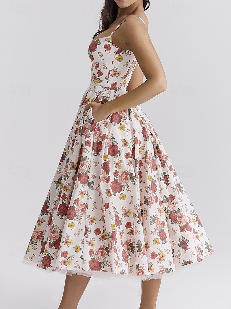 Retro Vintage 1950s Midi Dress Flare Dress Spaghetti Strap Corset Floral A-Line Women's Masquerade Wedding Vacation Tea Party Adults' Dress 2025 - GBP £21 –P7