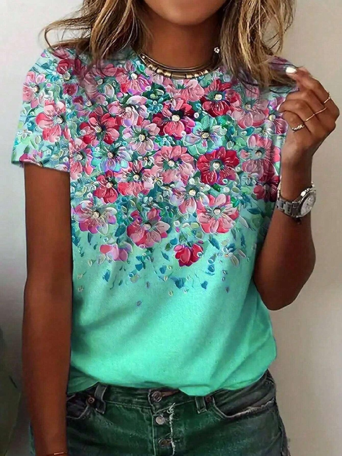 Women's T Shirt Floral Casual Short Sleeve Round Neck Regular Tops Daily Print Pink Blue Green Summer 2025 - $19.99 –P5