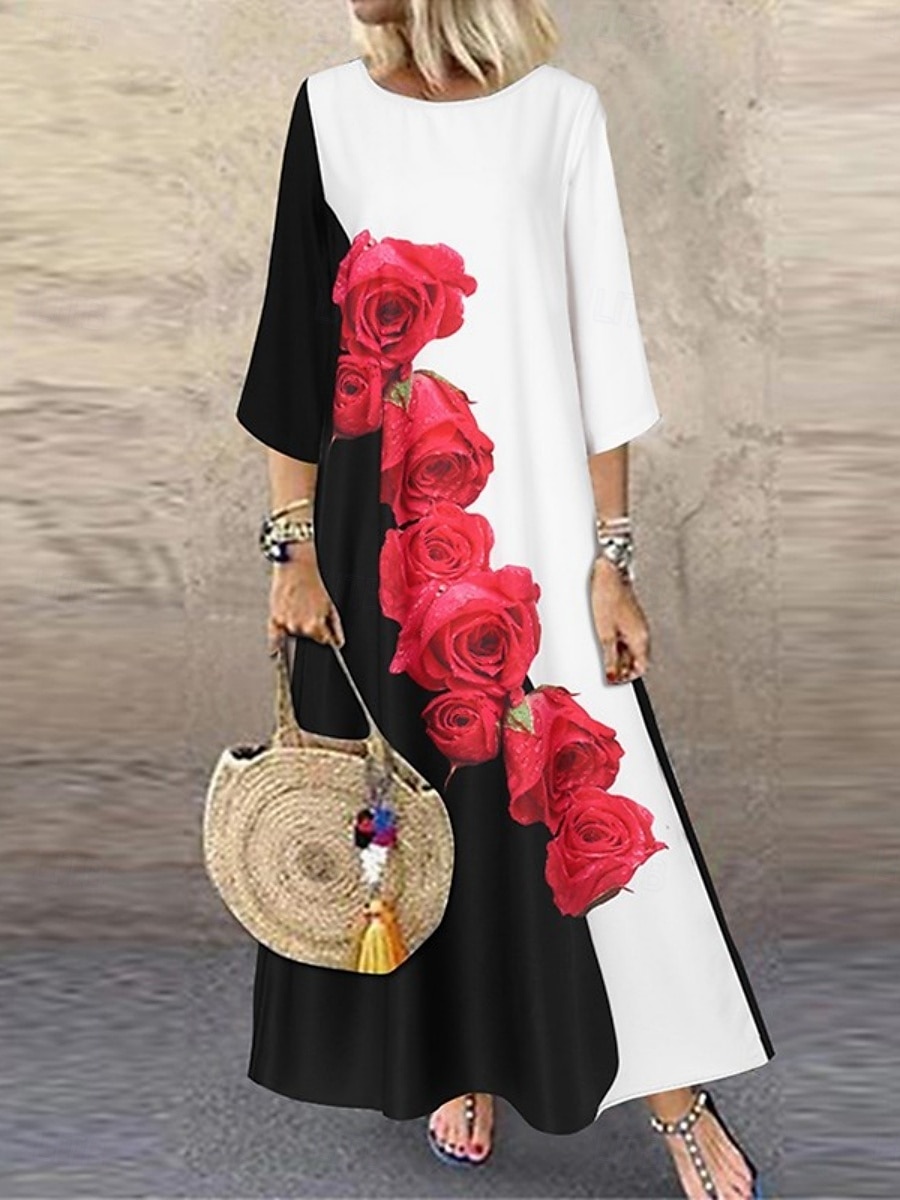Femme Robe Maxi Robe casual mode Décontractées Vacances du quotidien Standard Floral Manches 3/4 Col Ras du Cou Blanche Jaune Rouge Eté Printemps de 2025 ? $27.99 –P6