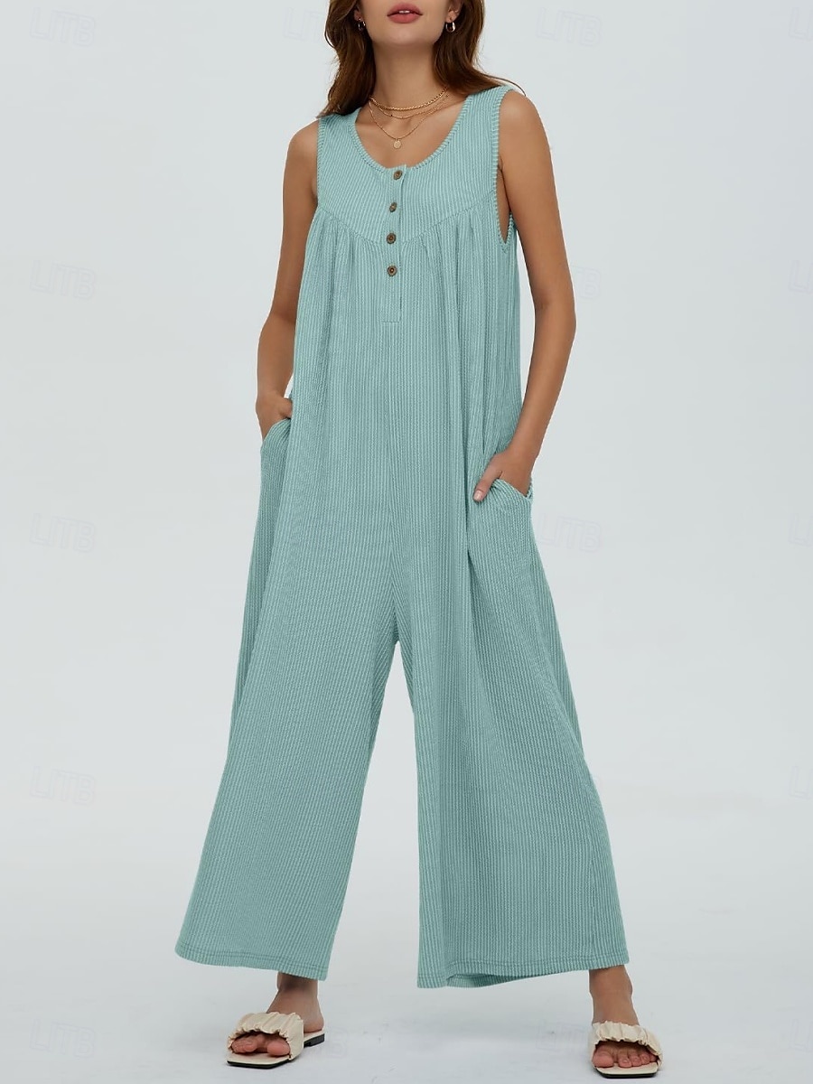 Női Szabályos Jumpsuitek Aktív Tömör szín Ujjatlan U-alakú Gombok Zseb Vakáció Napi Normál Fekete Sötétkék Medence Nyár 2025 - $32.99 -P8