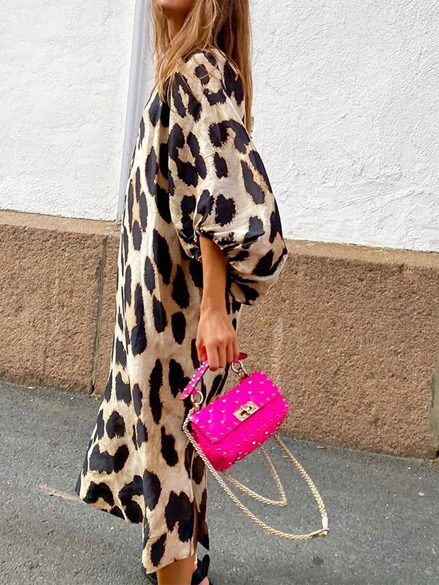 Women's Midi Dress Shift Dress Summer Dress Puff Sleeve Dress Casual Vacation Daily Regular Fit Leopard Short Sleeve V Neck Leopard Summer 2025 - $27.99 –P6