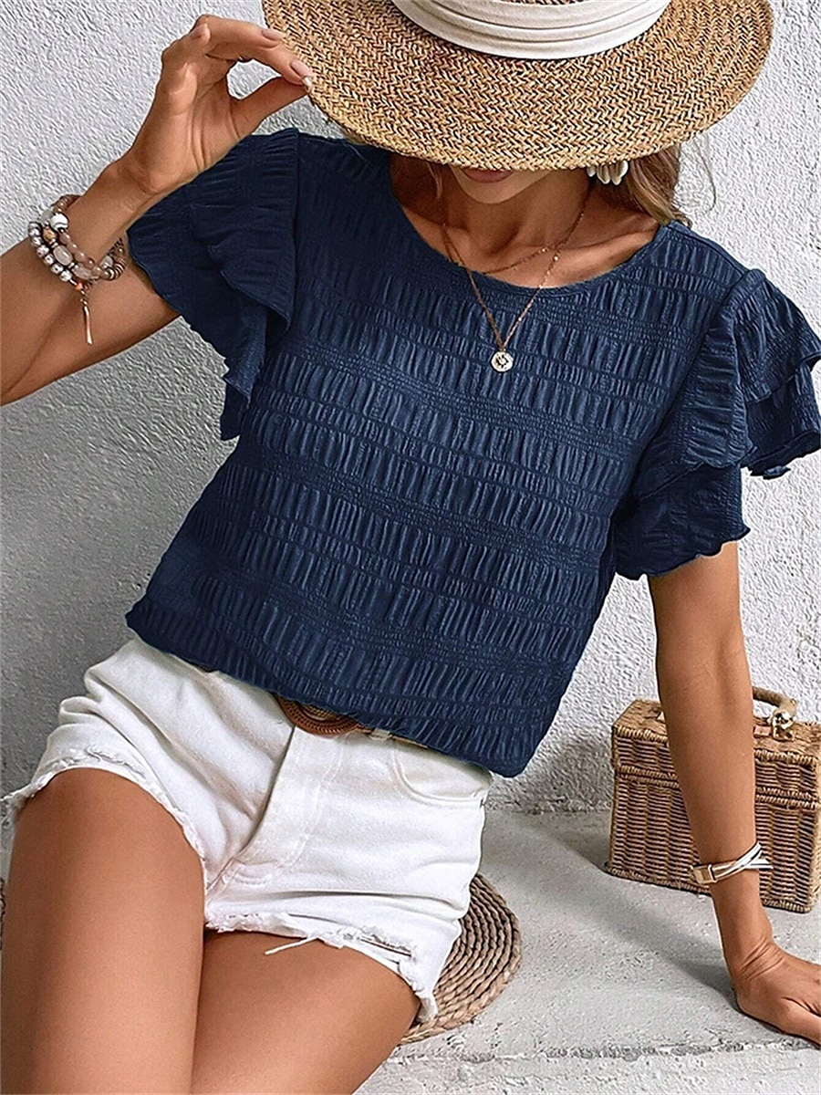 Women's Blouse Solid Color Elegant Daily Stylish Short Sleeve Crew Neck Regular Tops Daily Holiday Going out Ruffle Patchwork Sage Green Red Navy Blue Purple Green Summer Spring 2025 - $22.99 –P4