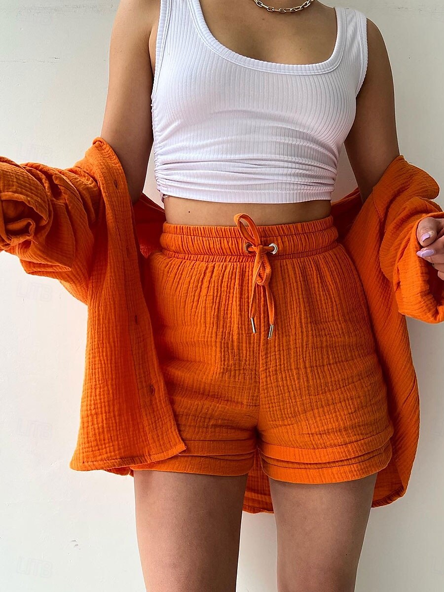 Women's Elegant Fashion Streetwear Shirt Blouse Baggy Shorts Long Sleeve Shirt Collar Solid Color Ruched Outdoor Work Casual Orange Green Khaki Summer Loose Fit 2025 - $35.99 –P12