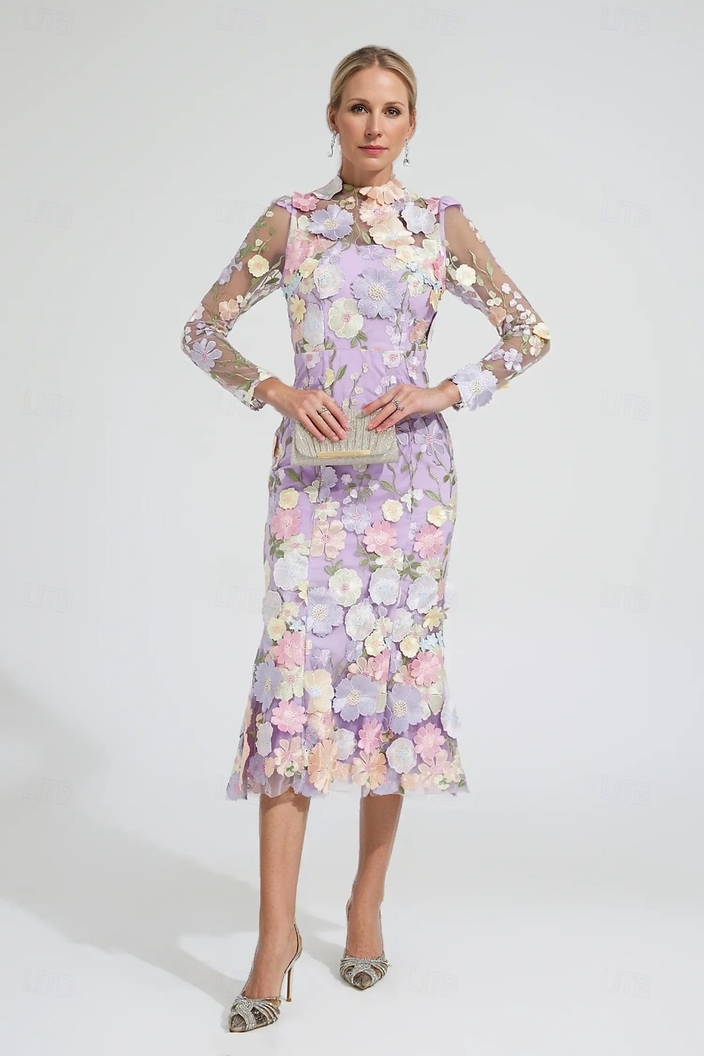 Floral Embroidered A-Line Dress Mother of the Bride Dress Wedding Elegant Vintage Illusion Neck Ankle Length Tulle Long Sleeve with Appliques Flower 2025 2025 - $191.99 –P2