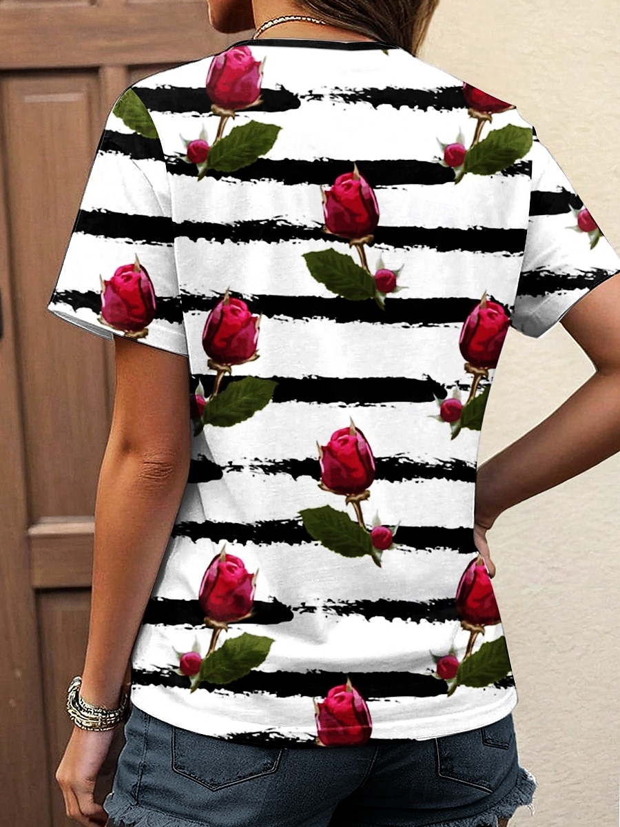 Women's T Shirt Floral Striped Casual Short Sleeve Notched Neck Regular Tops Daily Print Wine Summer Spring 2025 - $27.99 –P3
