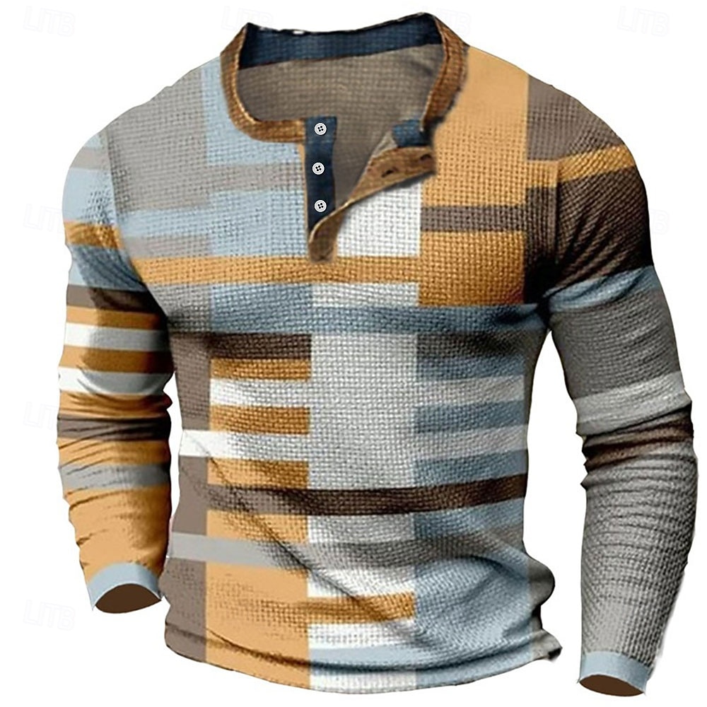 Férfi Grafika Színes Gofri Henley ing Pólók Hosszú ujj 3D nyomtatás Divat Dizájn Kényelmes Szabadtéri Hétköznapi Napi Tavasz & Ősz Barna Henley Henley póló 2025 - $23.99 –P1
