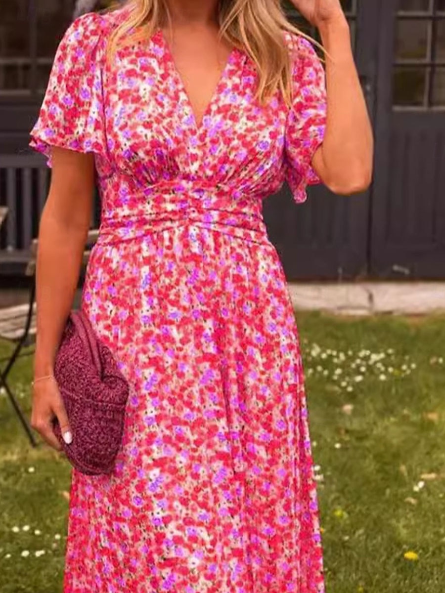 Dam Maxiklänning A linjeklänning Blommig klänning Stylish Ledigt Semester Ledigt Dagligen Normal Blommig Kortärmad V-hals Rodnande Rosa Blå Orange Grön Sommar Vår 2025 - $36.99 –P3