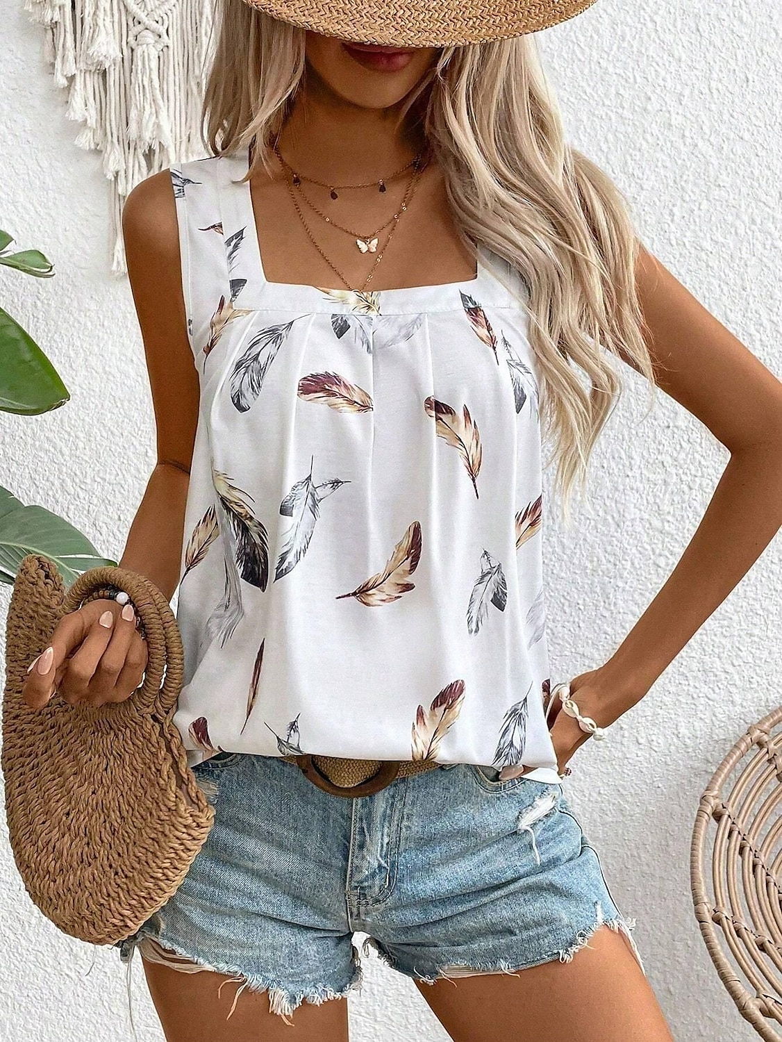 Női Top Camisole Levél Stílusos Rövid Ujjú Négyzet Nyak Rendszeres Felsők Napi Nyomtatás Fehér Nyár 2025 - $17.99 –P4