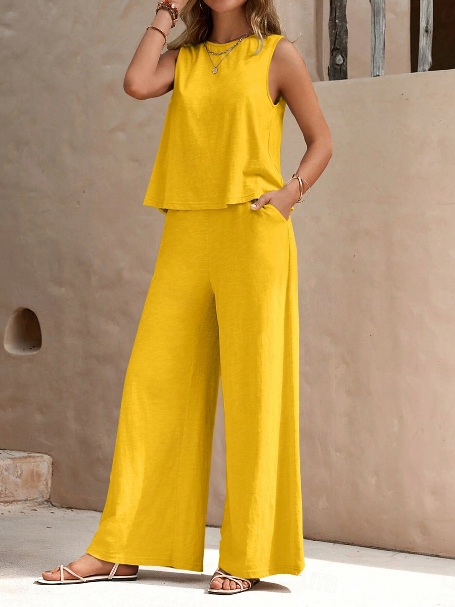 Women's Shirt Linen-feel Set Two Piece Sets Wide Leg Pants Sleeveless Crew Neck Plain Fashion Streetwear Daily Casual Daily Black Yellow Army Green Summer Regular Fit 2026 - $10.49 –P10