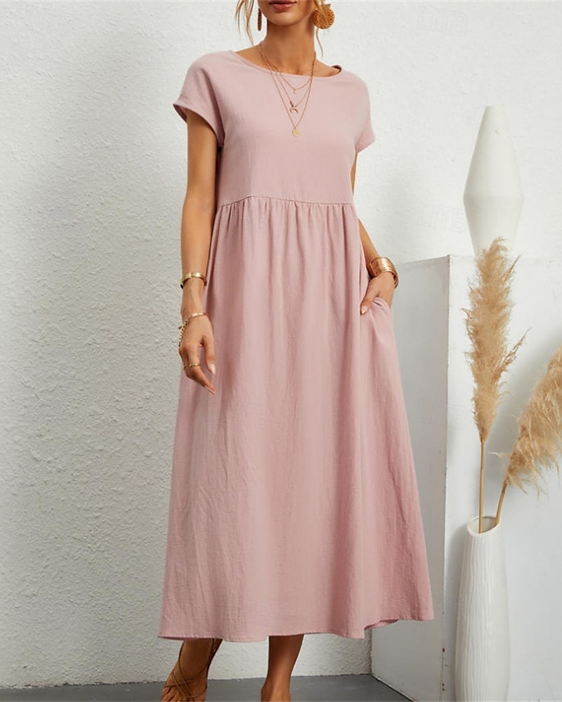 Women's Midi Dress Linen-Inspired Dresses Casual Dress Cotton Linen Dress A Line Dress Stylish Casual Vacation Daily Date Regular Fit Plain Short Sleeve Crew Neck White Pink Orange Summer Spring 2025 - $22.99 –P2