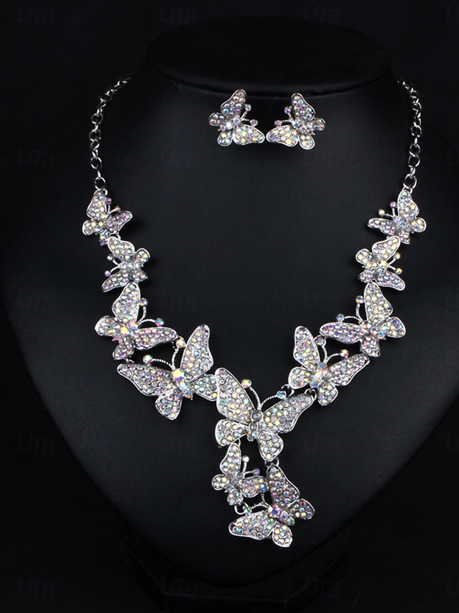 Juego de joyería traje de una pieza circonio cúbico cromo 1 collar aretes elegante mujer vintage moda estilo vintage clásico juego de joyería mariposa para fiesta de boda 2025 - $34.99 –P5