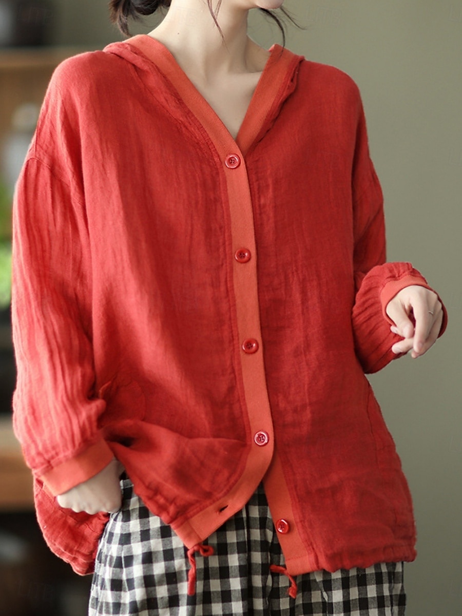 Women's Shirt Cotton Linen Shirts Button Up Blouse Solid Color Basic Casual Long Sleeve Hooded Regular Tops Daily Buttons White Red Blue Beige Summer 2025 - $25.99 –P2